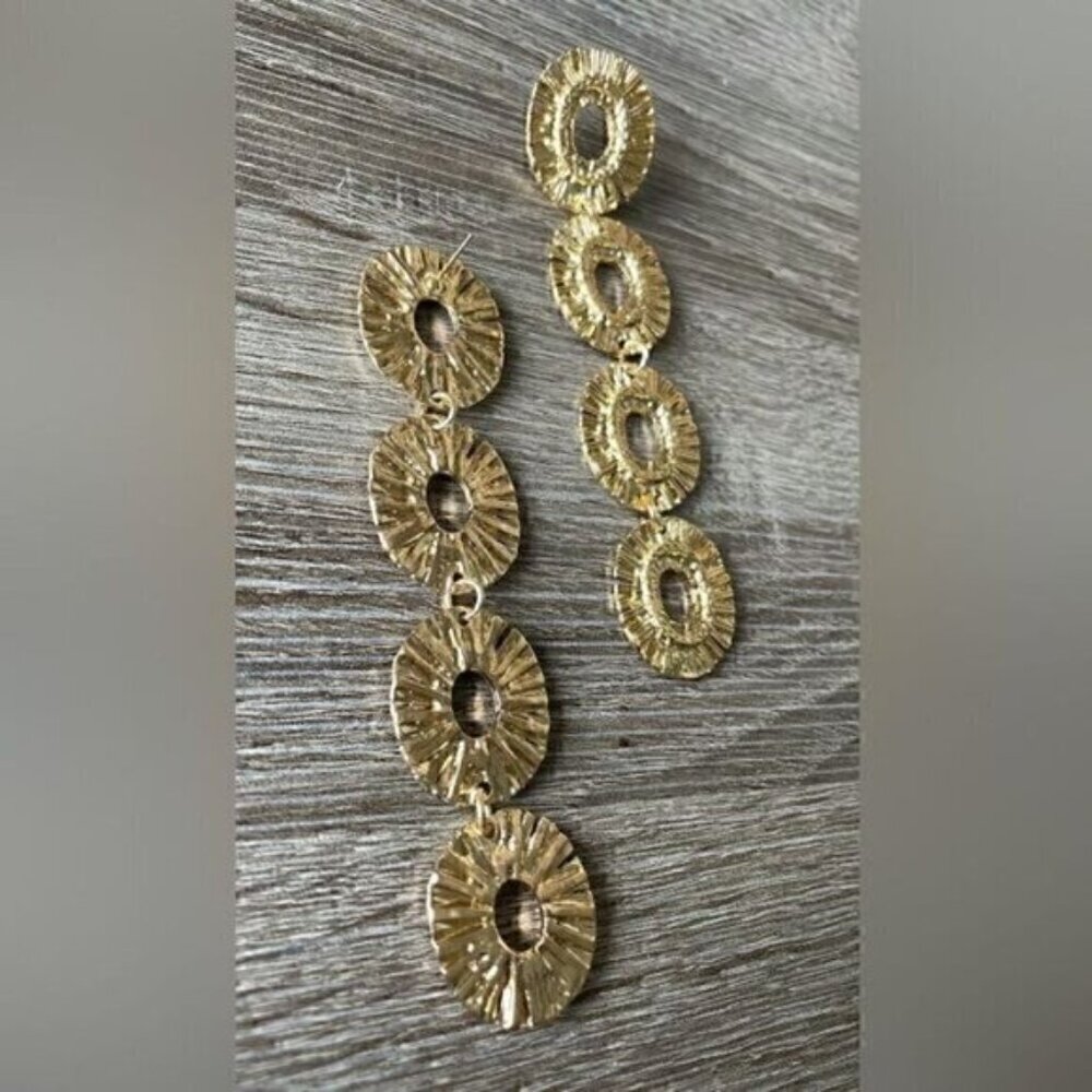 Golden Hollow Flower Disc Design Dangle Statement Earrings - Picture 3 of 4